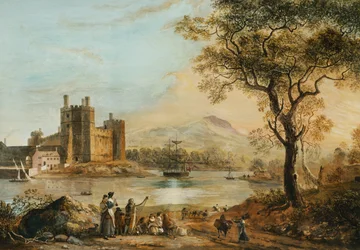 Caernarvon Castle mit einem Harfenspieler im Vordergrund