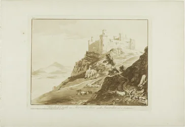 Harlech Castle in Merioneth Shire mit Snowdon in der Ferne