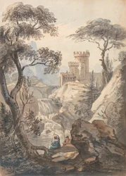 Italienische Landschaft mit Schloss, Wasserfall und Anglern