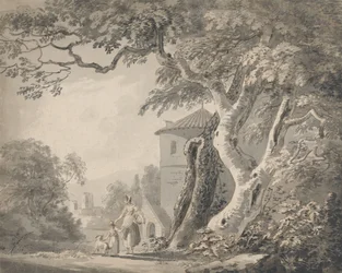 Romantische Landschaft mit Figuren und einem Hund