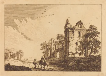 Ruine einer Abtei mit Reisenden auf der Straße