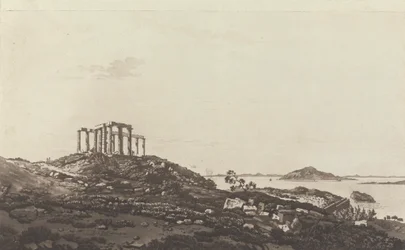 Ansichten im Levant: Ruinierter Tempel auf Hügel bei Suninum mit Blick auf Inseln