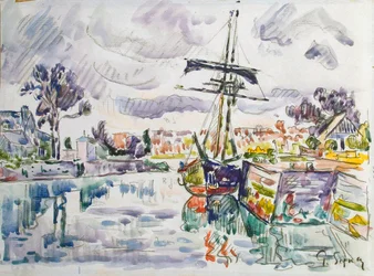 Segelboot an einem Pier, 1920er Jahre