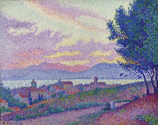 Blick auf Saint-Tropez, Sonnenuntergang im Pinienwald, 1896.