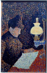 Frau unter der Lampe. Pointillismus.