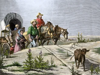 Geschichte der West-Eroberer: Amerikanische Pioniere. "Arkansas-Pilger" eine Familie überquert die Great Plains in einer Kutsche. Farbige Gravur des 19. Jahrhunderts.