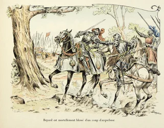 Illustration aus dem Buch „Histoire du chevalier Bayard“ von Theodore Cahu, illustriert von Paul De Semant (1855-1915): Bayard verwundet tödlich mit einem Arkebusenschuss 1524