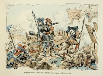 Illustration aus dem Buch „Histoire du chevalier Bayard“ von Theodore Cahu, illustriert von Paul De Semant (1855-1915): Bayard verwundet einen Brescia, unterstützt von einem Landsknecht 1512