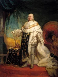 Ganzfiguriges Porträt Ludwigs XVIII. (1755-1824) im Krönungsornat, 1824. Maße: 2,69 x 2,04 m.