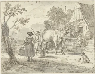 Bauern mit einer Kuh vor dem Haus