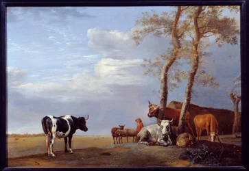 Landschaft mit Bauer und Tieren. Gemälde von Paul Potter (1625-1654)