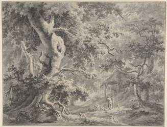 Waldlandschaft mit zwei Figuren bei einer Hütte