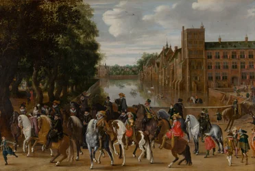 Die Prinzen von Oranien und ihre Familien zu Pferd, Ausritt vom Buitenhof, Den Haag, ca. 1621-22