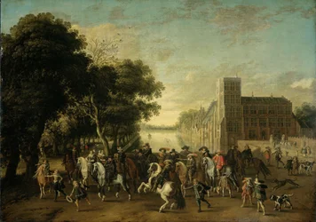 Prinz Maurits, begleitet von Prinz Frederik Hendrik, Friedrich V. von Böhmen und seiner Frau Elizabeth Stuart, und anderen, auf dem Buitenhof, Den Haag