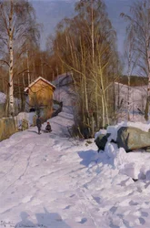 Winterlandschaft mit rodelnden Kindern