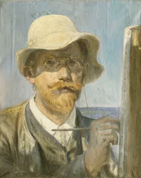 Ein Selbstporträt des Künstlers, Kopf und Schultern an seiner Staffelei