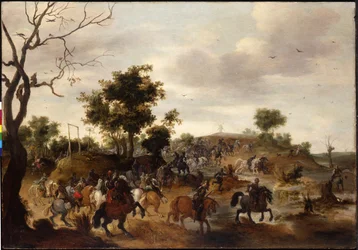 Landschaft mit einer Kavallerieschlacht, Galgen und einer Windmühle im Hintergrund