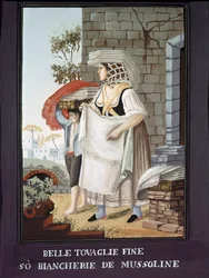 Neapolitanisches Kleingewerbe: ein umherziehender Tischdecken- und Leinenverkäufer - (Altes Gewerbe: Tischdecken- und Leinenverkäufer), 19. Jahrhundert, Museo Nazionale di San Martino, Neapel