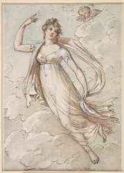 Frau schwebt am Himmel, beobachtet von einem Cherub