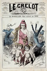 Eine Ausgabe von „Die Glocke“, die eine Allegorie der Nationalhymne „La Marseillaise“ darstellt, welche voranschreitet, während die Adeligen auf der Flucht ihre Ohren verstopfen. Illustration von Pepin. 10/02/1878. Privatsammlung