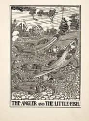 Der Angler und der kleine Fisch, aus Hundert Fabeln von Äsop, veröffentlicht 1903 (Gravur)