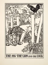 Der Esel, der Löwe und der Hahn, aus Hundert Fabeln von Aesop, veröffentlicht 1903