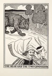Der Bär und die zwei Gefährten, aus Fontaine Fabeln, veröffentlicht 1905 (Gravur)