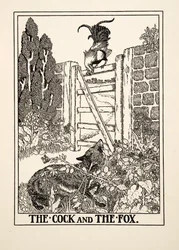 Der Hahn und der Fuchs, aus Hundert Fabeln von Aesop, veröffentlicht 1903