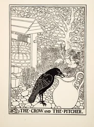 Die Krähe und der Krug, aus Hundert Fabeln von Aesop, veröffentlicht 1903