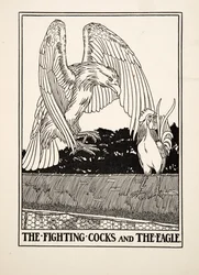 Die kämpfenden Hähne und der Adler, aus Hundert Fabeln des Äsop, veröffentlicht 1903