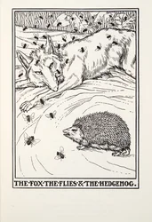 Der Fuchs, die Fliegen und der Igel, aus Fontaine Fabeln, veröffentlicht 1905