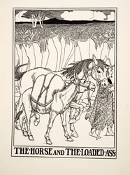 Das Pferd und der beladene Esel, aus Hundert Fabeln von Äsop, veröffentlicht 1903 (Gravur)