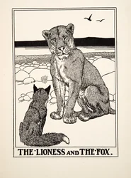 Die Löwin und der Fuchs, aus Hundert Fabeln von Äsop, veröffentlicht 1903