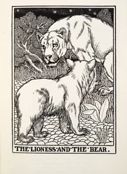 Die Löwin und der Bär, aus Fontaine Fabeln, veröffentlicht 1905