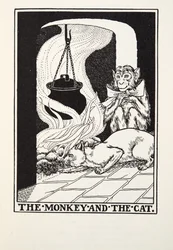 Der Affe und die Katze, aus Fontaine Fabeln, veröffentlicht 1905