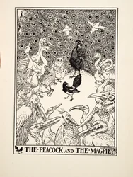 Der Pfau und die Elster, aus „Hundert Fabeln des Äsop“, veröffentlicht 1903