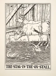 Der Hirsch im Ochsenstall, aus Hundert Fabeln von Äsop, veröffentlicht 1903 (Gravur)