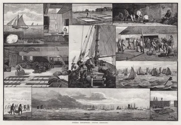 Fischereiindustrie, Austernbaggern (Gravur)