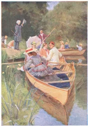 Laurie und Jo ruderten ein Boot, aus 