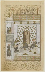 Bahram Gur und die Prinzessin im weißen Pavillon, aus einem Khamsa, ca. 1600-10