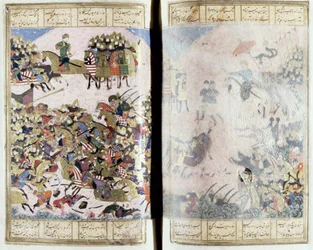 Schlacht zwischen Isfandiyar und Arjasp, Illustration aus dem Shahnama (Buch der Könige) von Abul-Qasim Manur Firdawsi (ca. 934-ca. 1020) ca. 1440-45
