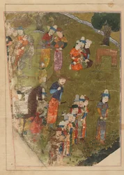 Seite aus einem Zafarnama; recto: Timur gewährt eine Audienz anlässlich seiner Thronbesteigung in Balkh; verso: Text, Schiras, Iran, Timuridenzeit, 1436