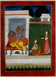 Hinduismus: „Krishna ruht“. Eine Person massiert seine Füße. Persische Miniatur der indischen Schule des 17. Jahrhunderts. Rennes, Museum der Schönen Künste.