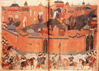 Ms.Sup.Pers.1113.f.180v-181 Mongolen unter der Führung von Hulagu Khan stürmen und erobern Bagdad im Jahr 1258, aus einem Buch von Rashid al-Din (1247-1318)