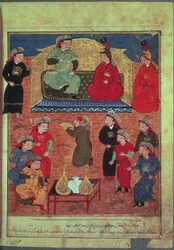 Ms. Supp. Pers. 1113 fol.203v Arghan Khan mit zwei seiner Frauen und seinem Sohn Ghazan, aus einem Buch von Rashid ad-Din (1247-1318)