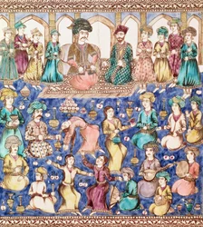 Musiker und Tänzer am Hof von Nasser al-Din Shah Qajar (1831-96) (Keramik)