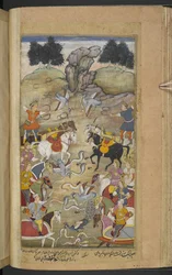 Schlacht zwischen Babhruvahana, Sohn von Arjuna, und den Schlangen in den unteren Regionen. (Sangha) aus dem 