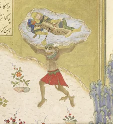(Detail) Der Div Akvan hebt den schlafenden Rustam, Illustration aus dem Shahnama (Buch der Könige), von Abul-Qasim Mansur Firdawsi (ca. 934-ca. 1020), 1444