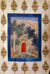 Persische Kunst: Dame mit zwei Blumenketten, die sie zwei Pfauen präsentiert