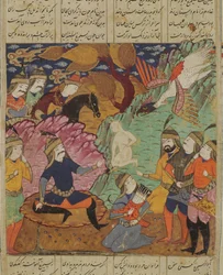 Reue in der Höhle des Simorgh, Illustration aus dem Shahnama (Buch der Könige) von Abul-Qasim Manur Firdawsi